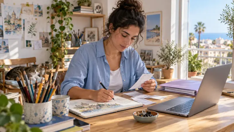 מאיירת עצמאית מארגנת את מסמכי העסק הקטן